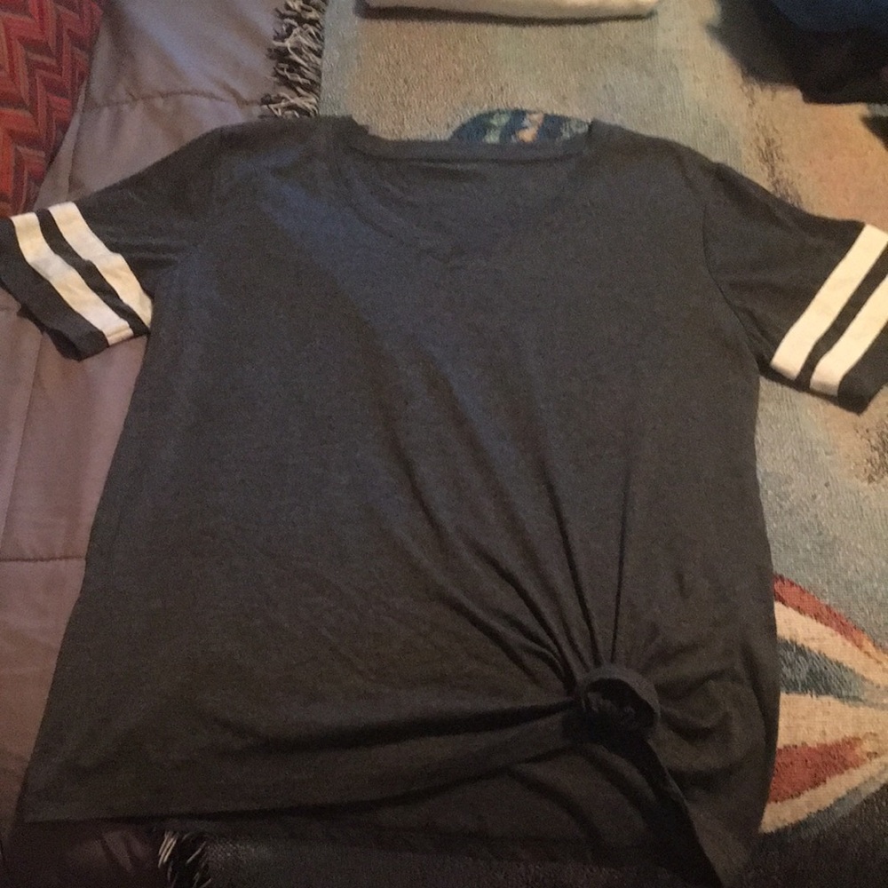 Women's Dark Gray Short-Sleeve Tee with White Sleeve Stripes.